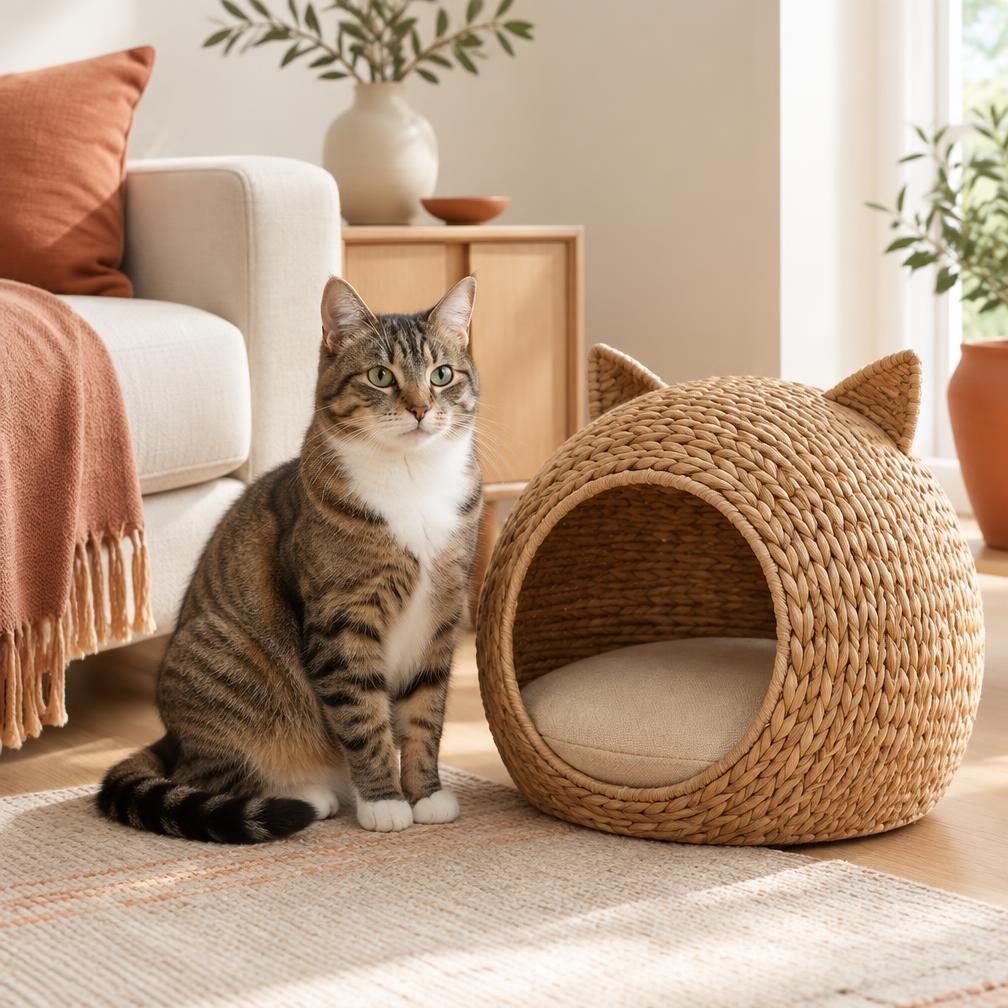 Katze neben einer geflochtenen Schlafhöhle